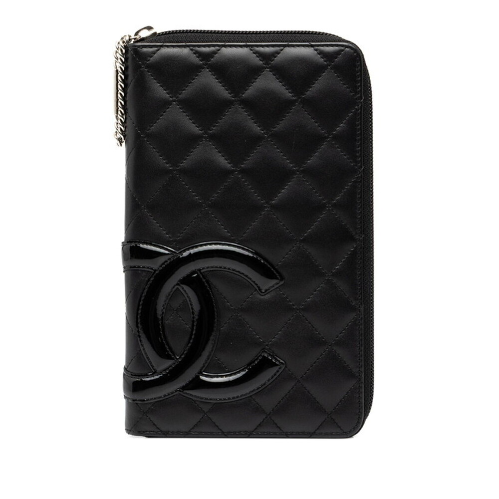 Chanel Cambon Line Coco Mark Round Zipper Long Wallet A50078 Black Silver Cal...